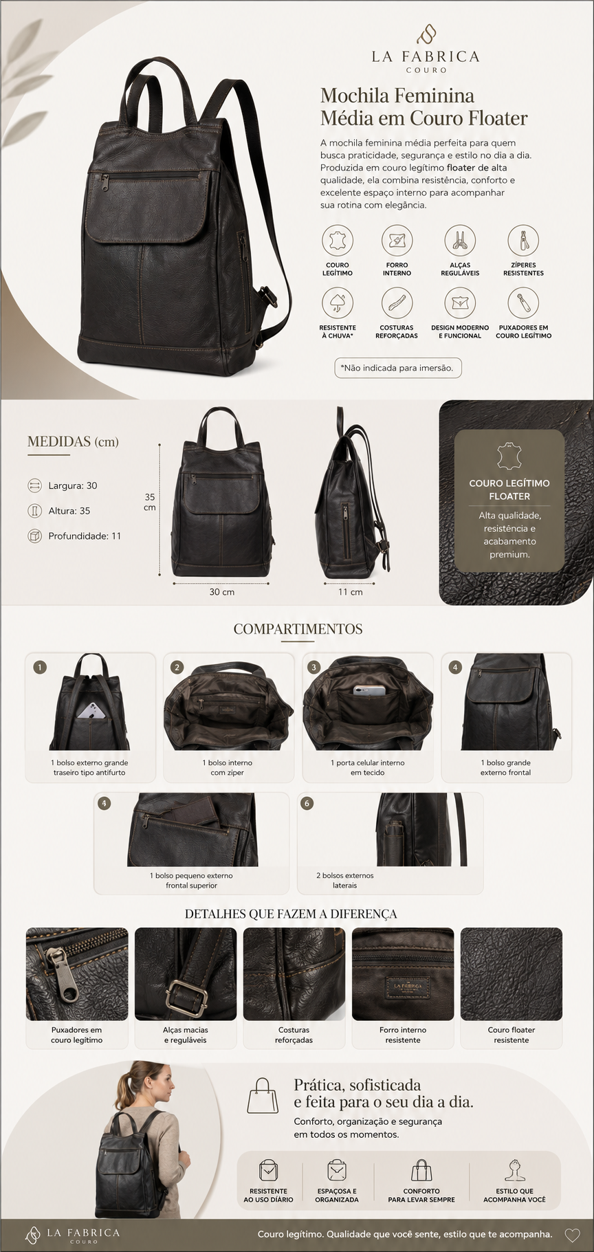 Mochila feminina antifurto em couro legítimo floater premium marrom da La Fabrica Couro, modelo médio sofisticado com bolso traseiro seguro, compartimentos organizadores, alças reguláveis confortáveis e acabamento refinado para trabalho, viagens e rotina urbana